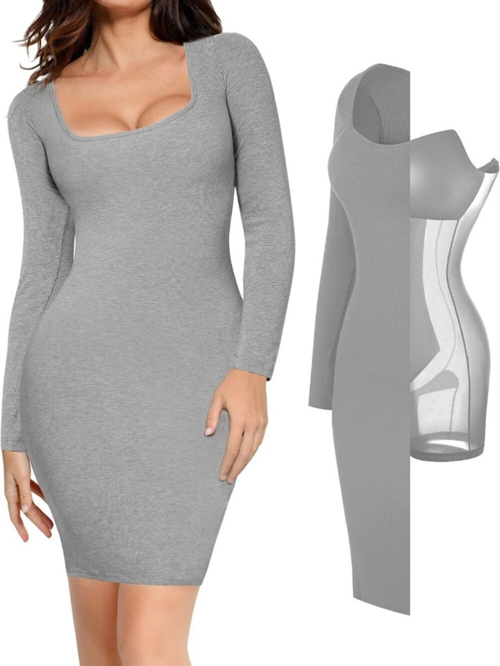 Chic Long Sleeve Midi Dress with Built-in Bra Shapewear for Women, Flattering